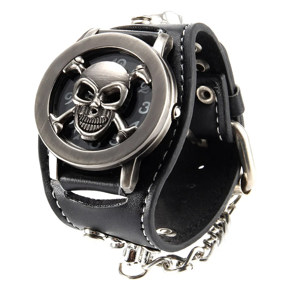 Men Punk Style Quartz Wrist Watch with Flip Skull Cover Chain Rivet
