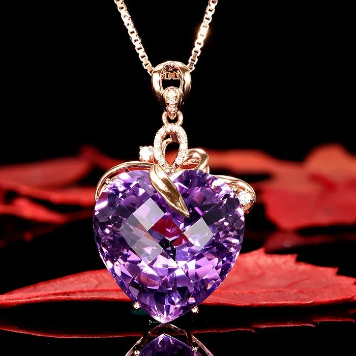 

Double Fair Luxury Love Heart Pendant Necklace For Women Purple Crystal Rose Gold Color Fashion Jewelry For Party KAN029