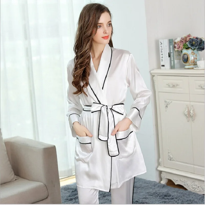 Пижамный комплект летние женские 2019 шелковые пижамы черного и белого цвета с поясом брюки плюс размер сексуальные пижамы домашние наборы