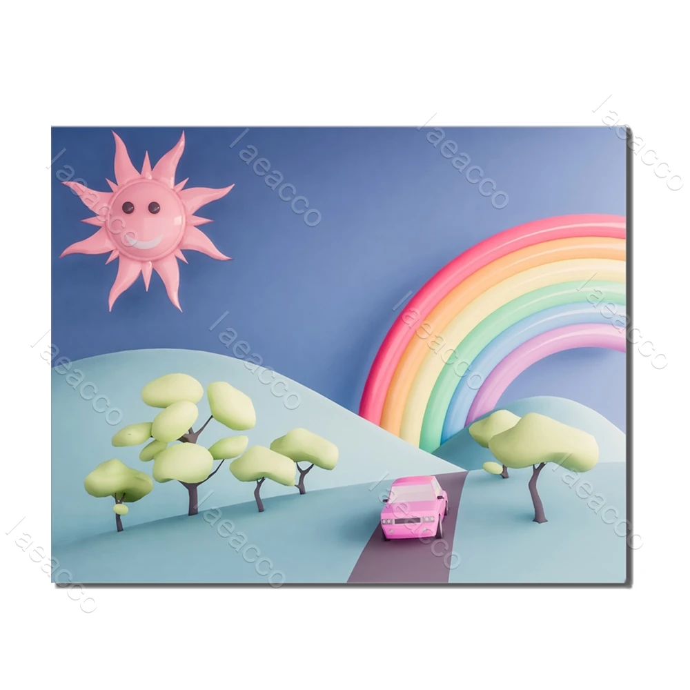 

Laeacco Nordic Cartoon Rainbow Sun Car Wall Art Posters and Prints HD Canvas Painting Living Room Decoration Home Decor No Frame