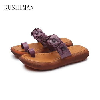 

RUSHIMAN Girl Clip Toe Flat Casual Leather Flower Slope Slippers New Retro Brush Color Mori Female Cowhide Cold Drag ze 35-40
