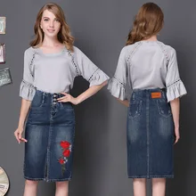 Известный бренд большой размер Женская высокая талия юбка джинсовая юбка с вышивкой индивидуальность Сплит вышивка длинная юбка