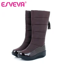 ESVEVA теплые плюшевые сапожки для холодной зимы модная женская обувь на платформе плоская подошва коричневый цвет высота до середины икры дамские сапожки из PU искусственной кожи размеры 34–40