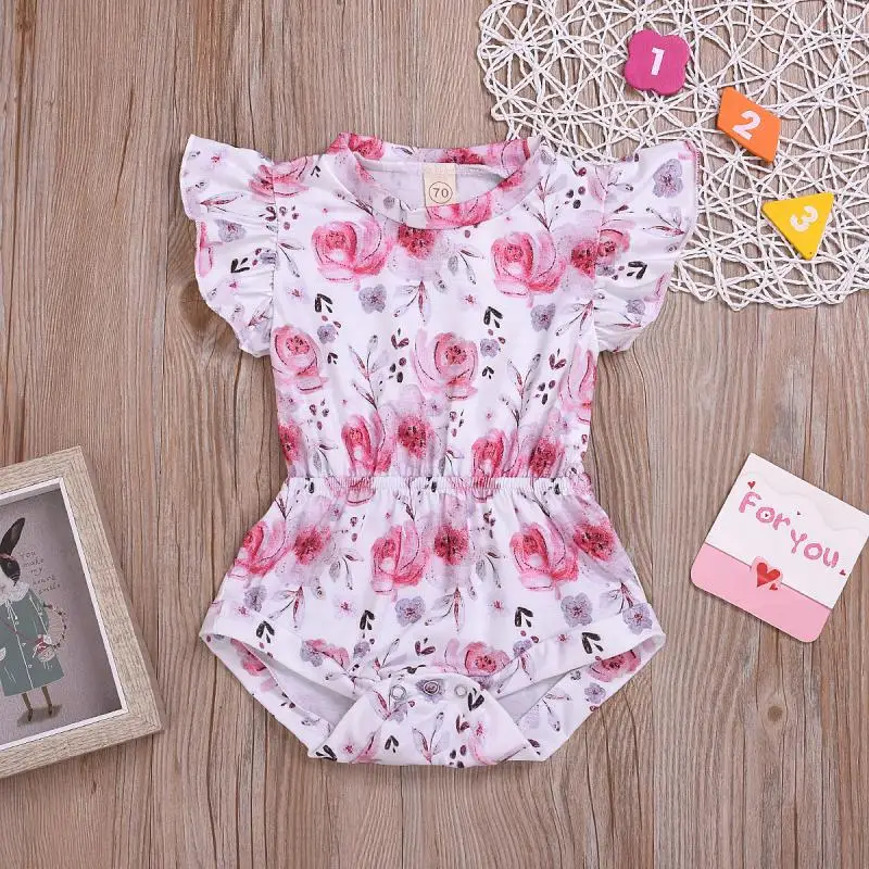 

Infant Baby Girls Summer Floral Romper Flower Print Flare Sleeve Rompers Children Kids Jumpsuit Clothes