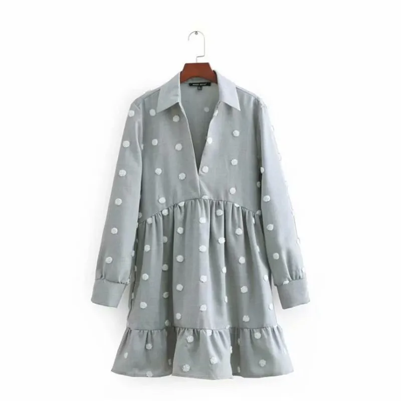 

2019 new Women dots embroidery mini dress turn down collar pleated ruffles female casual dresses solid straight vestidos C117