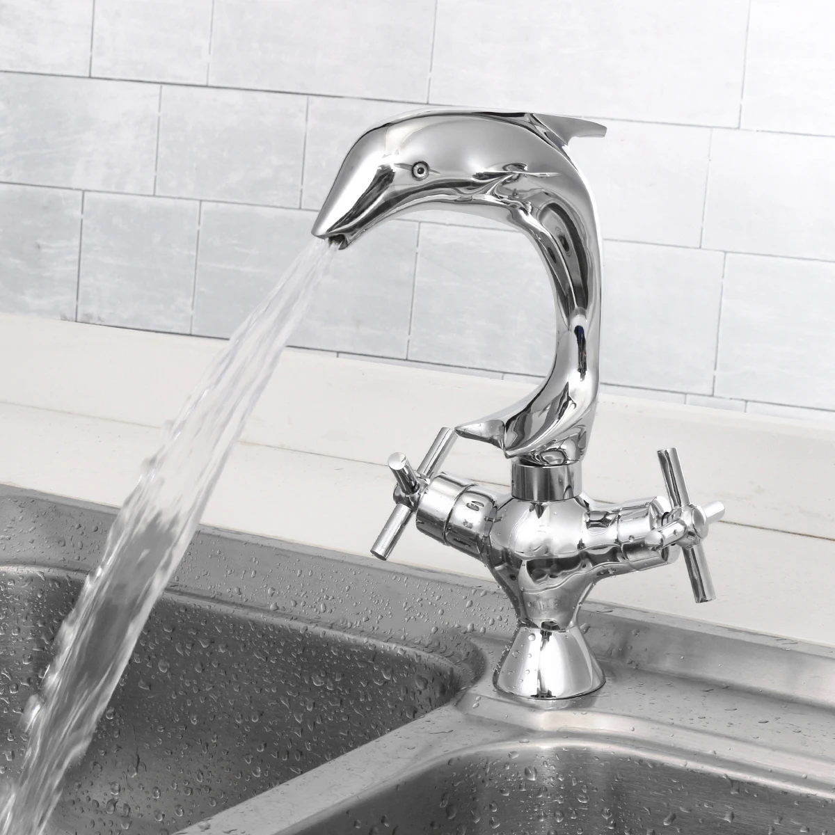 

Xueqin Copper Dolphin Style Basin Faucet Double Handle Bathroom Dual Hole Mixers Hot/Cold Water Chrome Polished Deck Mounted