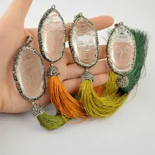 5Pcs White Glass Crystal Carved Buddha Beads with Silk Tassel Pendant Pave Crystal Rhinestone Charm Long