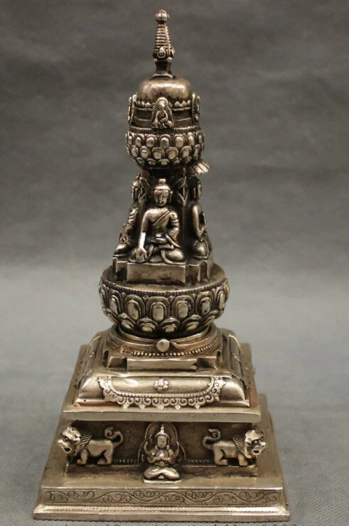 

8" Tibet Silver Shakyamuni Sakyamuni Buddha Statue Stupa Incense Burner Censer