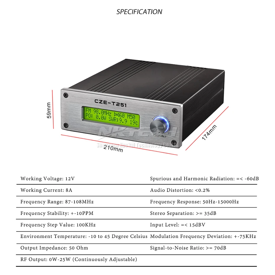 NKTECH CZE-T251 Регулируемый 0 Вт-25 Вт fm-передатчик Моно Стерео PLL вещательная станция с одной ручкой управление КСВ Защита температуры