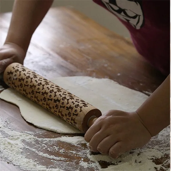 DIY Handmade Tools Cat Pattern Wooden Rolling Pin Laser Cut Kitchen Cake Decorating Chocolate Cookie Baking Noodle Accessories