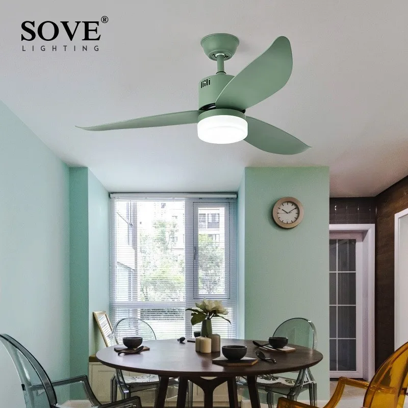 Resolver Verde Nórdica moderna LED ventiladores De techo con luces Control remoto dormitorio luz De techo Ventilador hogar Ventilador De Teto