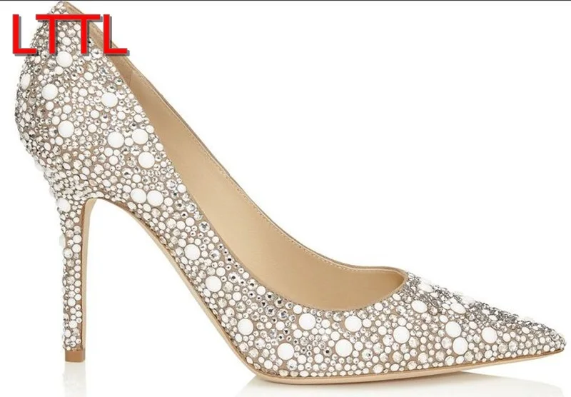 

2017 shoe Women Rhinestone Stud Pumps White High Heels White Pearl Pumps Thin Heels Wedding Shoes Pointy Toe Cinderella Shoes