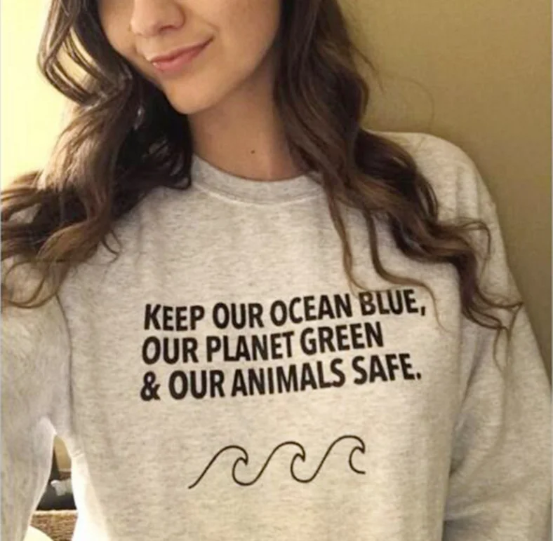 Camicia In Cotone Hipster Keep Our Ocean Blue Our Planet Green & Our Animals Safe T-Shirt Slogan Graphic Top Girl Tumblr T Shirt