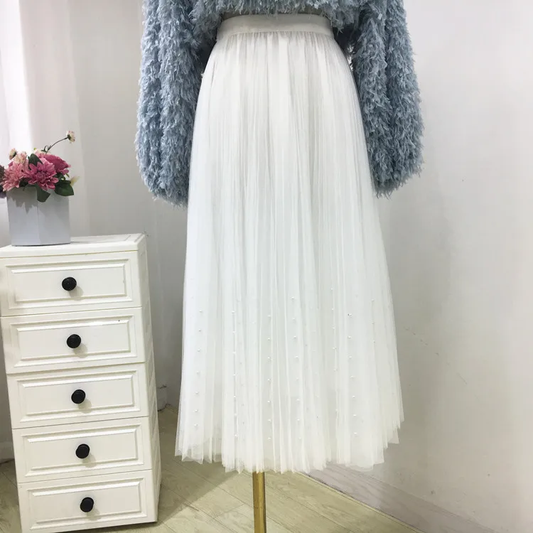 Весеннее Новое поступление, плиссированная юбка с жемчугом и бисером, фатиновая юбка феи, Faldas Largas Elegantes, 5 цветов