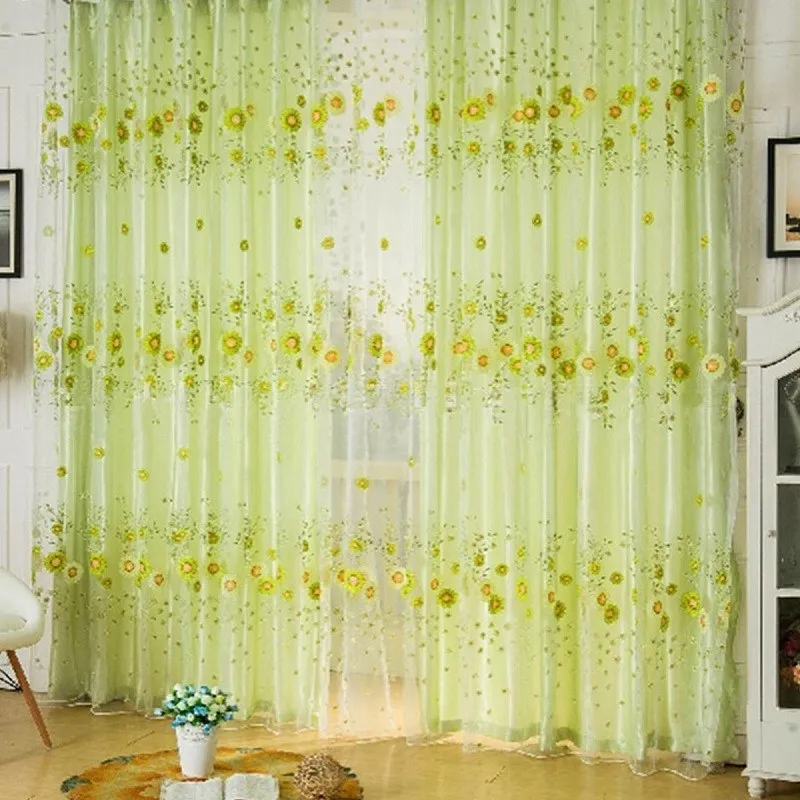 

KiWarm Home Window Decor Sunflower Printing Organza Curtain Pastoral Voile Panel Screen Decoration Supplies Hanging Room Divider