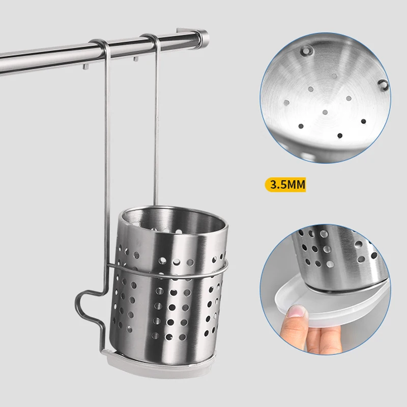  304 stainless steel kitchen rack wall hanging chopsticks tube hook with hanging rod storage rack S  - 32899753742