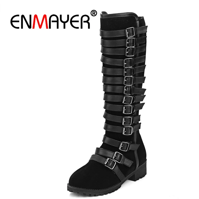 

ENMAYER Knee High Motorcycle Boots Womens Buckles Knight Boots Women Flats Suede Black Beige Shoes Woman Cool Punk Boots CR668