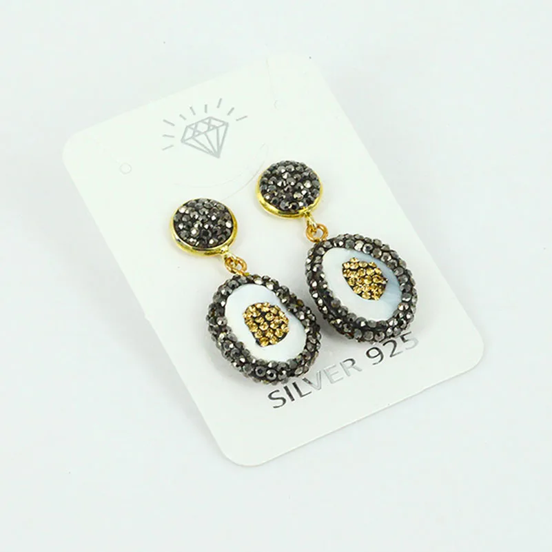 

handmade jewelry vintage style natual closed round white shell pearl pave black golden rhinestone dangle earrings for women