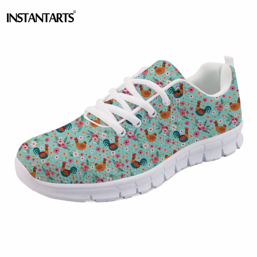 

INSTANTARTS Chicken Flower Pattern Sneakers Women's Flats Bohemian Rooster Printed Women Casual Flat Shoes Breathable Walk Shoes