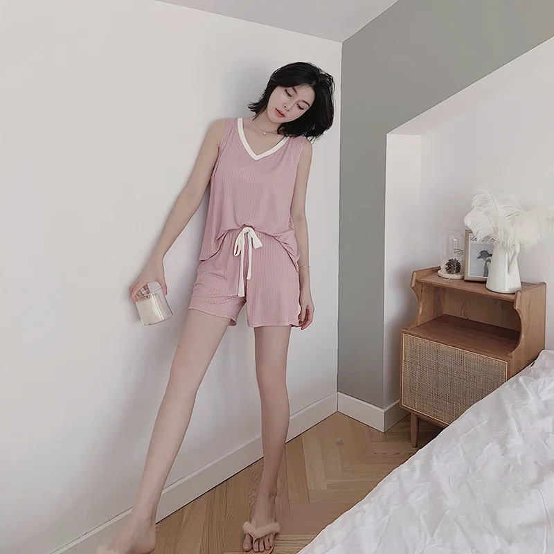 

2019 Summer New Women's Sleeveless Pajamas Casual Korean Home Clothes Suits Wear Pijamas Women Pizama Damska Night Suit Stitch