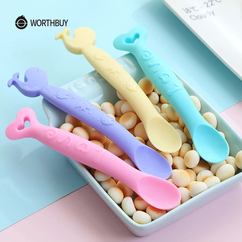 

WORTHBUY 2 Pcs/Set Cartoon Kids Spoon Set Food Grade Silicone Feeding Spoon For Children Baby Food Spoon Kitchen Accessories