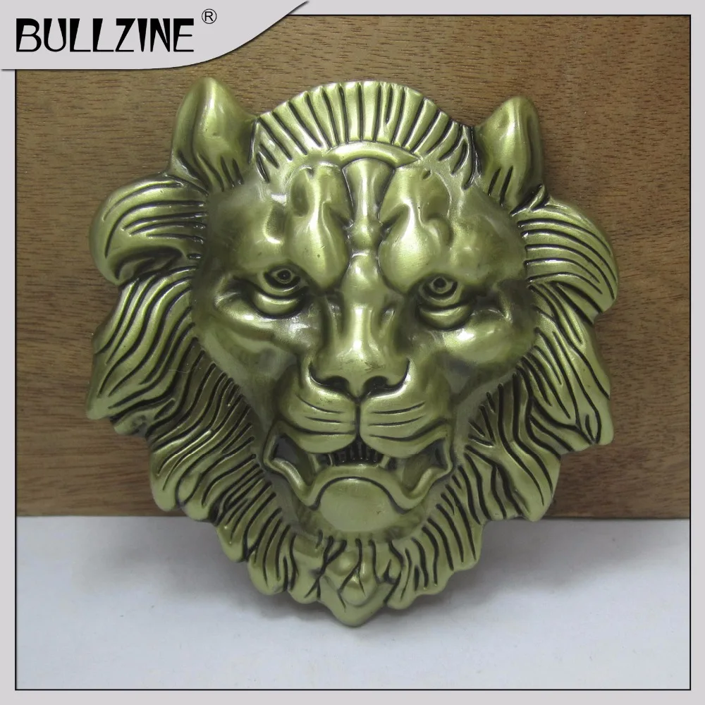 The Bullzine 3D heavy lion head belt buckle with antique brass finish