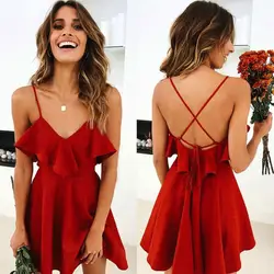 Девушки красный летнее платье Спагетти ремень платья Sexy Для женщин v-образным вырезом без рукавов пляж спинки платье с кружевами вестидо