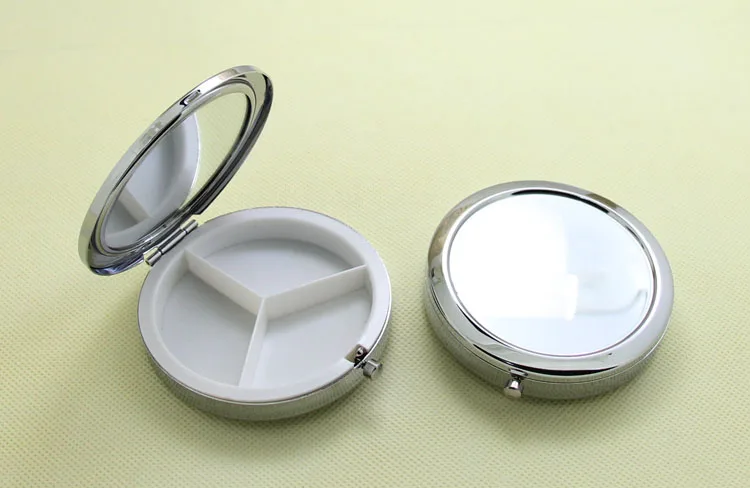 

Wholesale 10pcs 70MM Metal Blank Pill boxes with Compact Mirrors DIY Storage Box Organizer container case Silver- Free Shipping