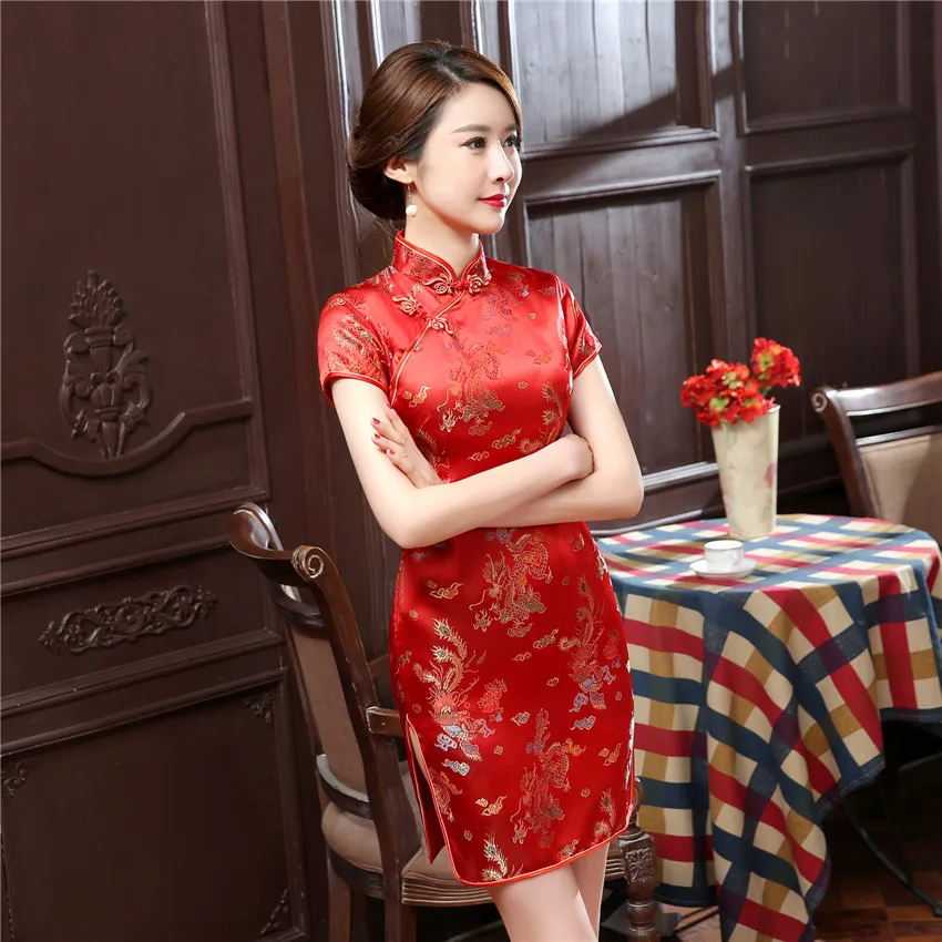 

16Color Women Chinese Dress Cheongsams Traditional Costumes Robe Chinese Tight Bodycon Knee Dragon&Phoenix Sexy Woman Tang Suit