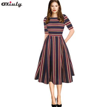 

Oxiuly Women Elegant Striped Dress O-Neck Vestidos A-Line Patchwork Wear to Work Tunic Pinup Pocket Flare Swing Dress
