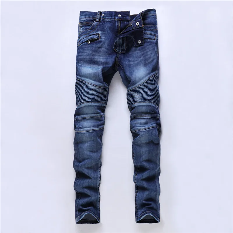 Blue Motorbike Biker Jeans Men's Slim Jeans Casual Denim Cargo Pants
