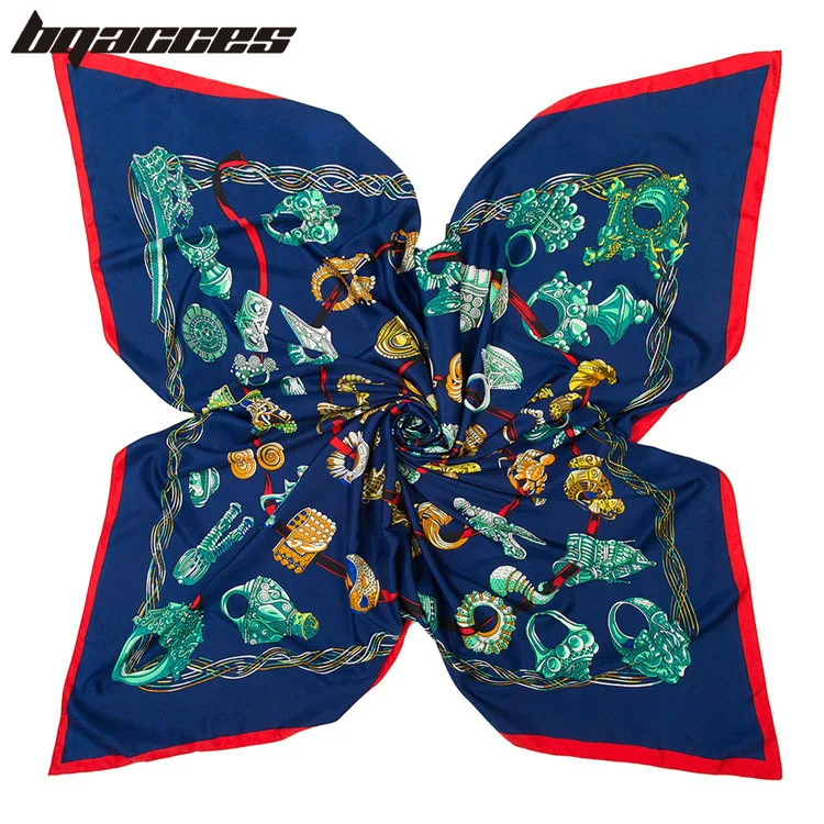 

[BQACCES] Rings Print Twill Silk Square Scarves Office Lady Fashion Headband Shawl Women Luxury Brand Bandana Hijab 130*130