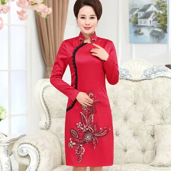 

New Mom Wedding Silk Dress Long Sleeved Fashion Mother Mid Old Aged Women Clothing Plus Size Slim Dresses