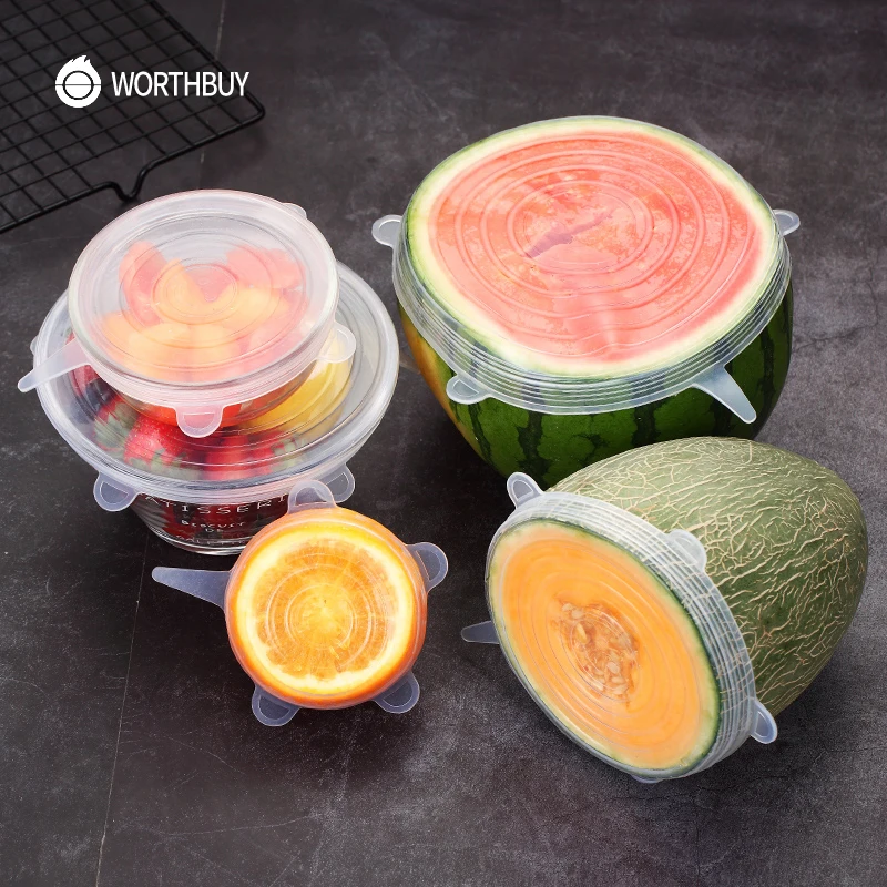 WORTHBUY 6 Pcs/ Set Universal Food Silicone Cover Reusable Silicone Stretch Lids Caps For Cookware Pot Cover Kitchen Accessories