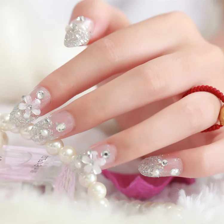 

4 Designs 24pcs French Printing False nail with Diamonds Nail Tips Art Design Fake Nails with Glue Sticker Free Shipping