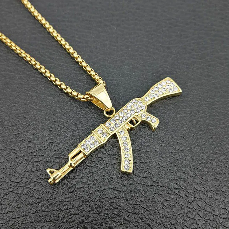 Хип хоп Стразы вымощенные Bling Iced Out Золото Серебро Цвет Нержавеющая сталь AK 47 кулоны с оружием ожерелье для мужчин рэппер ювелирные изделия