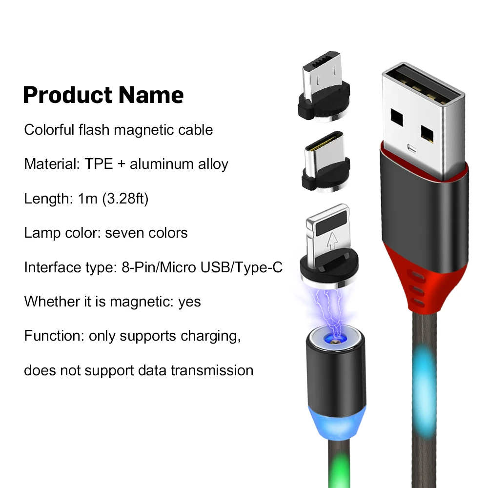 Цветной СВЕТОДИОДНЫЙ Магнитный зарядный кабель для мобильного телефона с разъемом USB для iPhone XR XS 8 7 samsung type C Магнитный зарядный кабель
