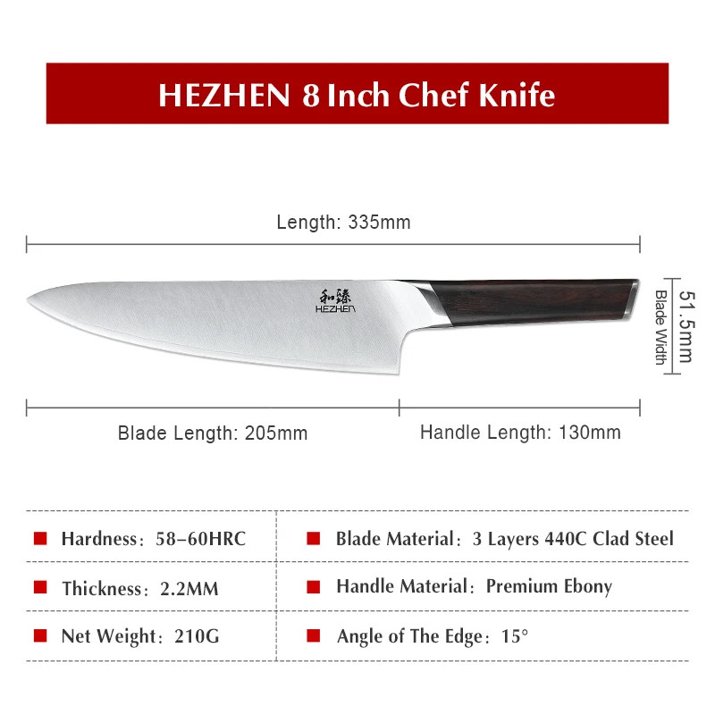 HEZHEN 8 дюймовый шеф нож 3 слойные ножи 440C из нержавеющей стали многофункциональный