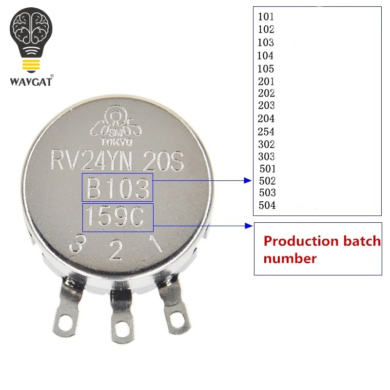 WAVGAT RV24YN20S 101 102 B103 104 105 201 202 203 204 254 302 303 501 502 503 504 5K 10K 100K 500K 200K 100 Ом Потенциометр