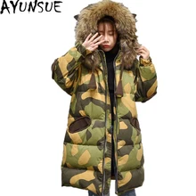 ZVAQS Новинка европейский дизайн камуфляжные женские пуховики Толстые Длинные пуховики Верхняя одежда с меховым капюшоном Doudoune Femme ST140