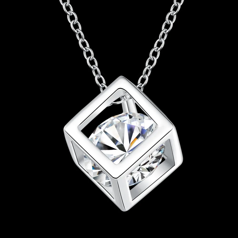 Simple-Style-Elegant-Women-Square-Shape-925-Sterling-Silver-Necklaces-New-Long-Cubic-Zirconia-Pendant-Fine