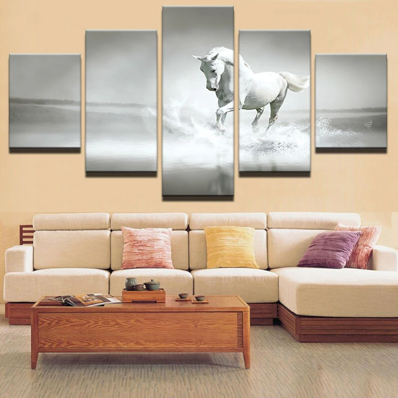 

Large Poster HD Printed Painting Canvas Print River Water Art Home Decor 5 Panel White Horse Wall Pictures For Living Room