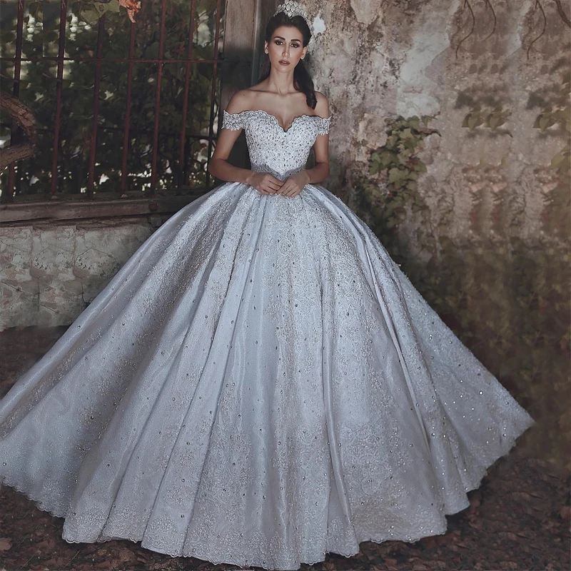 

Luxury Beaded Womens Dresses Custom Made Off the Shoulder Bridal Ball Gowns Sexy Slash Neck Floor-Length Formal Party Dresses