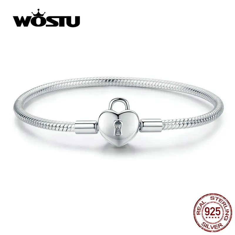 

WOSTU Heartslock Bracelets 100% Real 925 Sterling Silver Heart Charm Bracelets Bangle For Women Wedding Luxury Jewelry FIB141