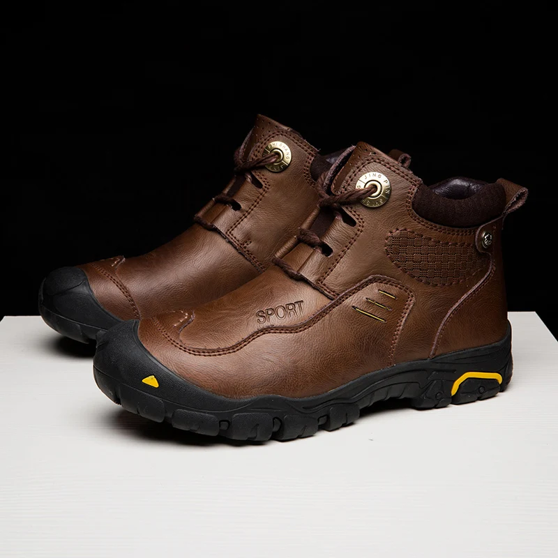 Genuine Leather Men Autumn Winter Warm Plush Work Boots Ankle Riding Boots Outdoor Working Snow Boots Men Oxfords Shoes