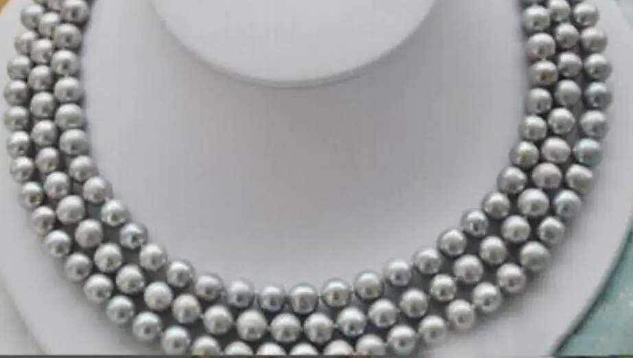 

Hot 3row 8-9mm gray natural pearl necklace 17-19" Yellow clasp