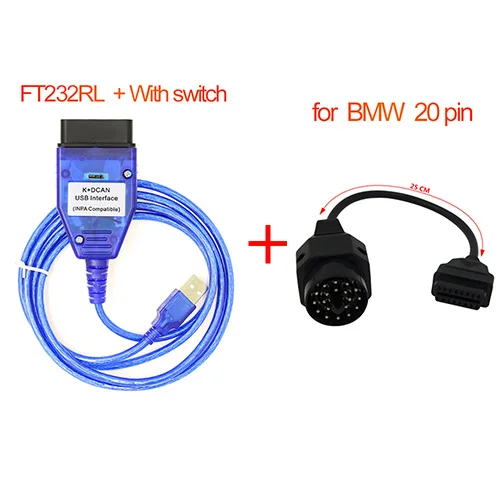 INPA K+ CAN FTDI FT232RL полный чип для BMW OBDII OBD2 кабель для диагностики автомобилей OBD USB интерфейс для BMW 20 Pin от 1998 до 2008 - Цвет: INPA Switch with 20p