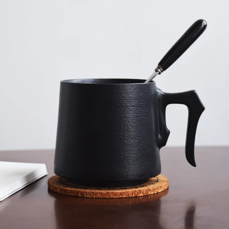 

350ml Vintage Coffee Cup with Spoon Mat Kit Black Matte Ceramic Ins Water Cups Master Mug Hand Grip Mugs Home Drinkware Teaware