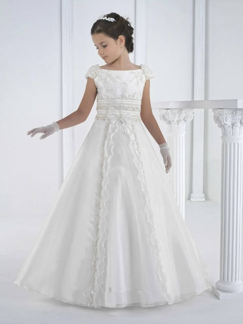 Элегантное платье для крещения; Кружевное белое праздничное платье с цветочным узором для девочек; детское платье в пол с открытыми плечами; платье принцессы для первого причастия