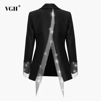 

VGH Back Irregular Chains Women's Coat Lapel Collar Long Sleeve Tassel Pockets Slim 2020 Summer Solid Coats Female Fashion New